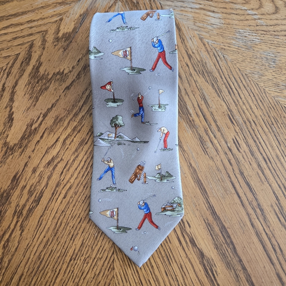 Brown Gray Golf Themed Silk Neck Tie